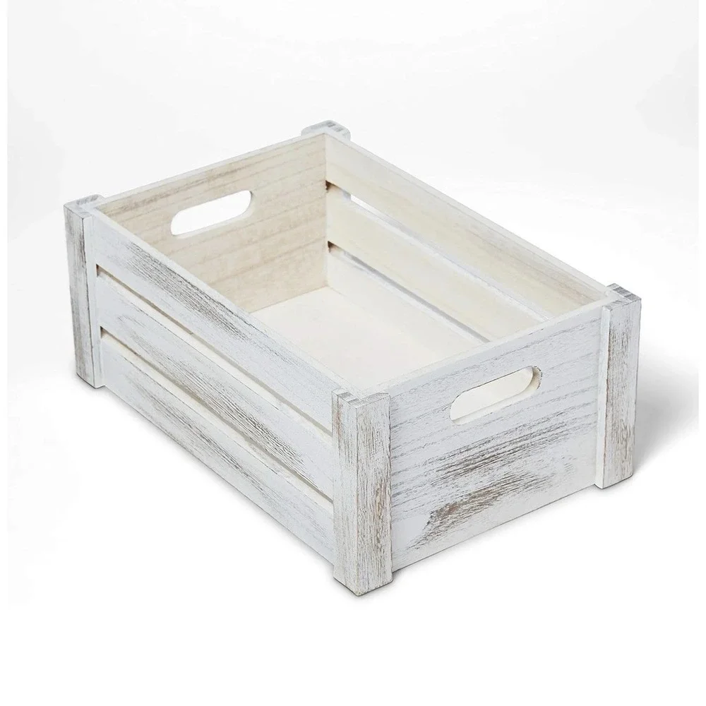 Farmhouse Wooden Crate Set | Whitewashed Nesting Storage Boxes Set of 2